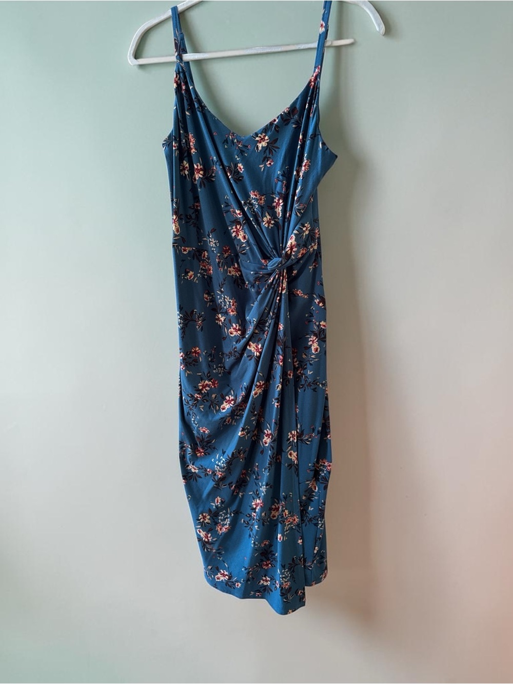 Blue Floral Twist-Front Midi Dress
